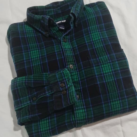 Lands' End Med Green/Blue Plaid Long-Sleeved Flannel 100% Cotton Easy Care - Picture 1 of 12